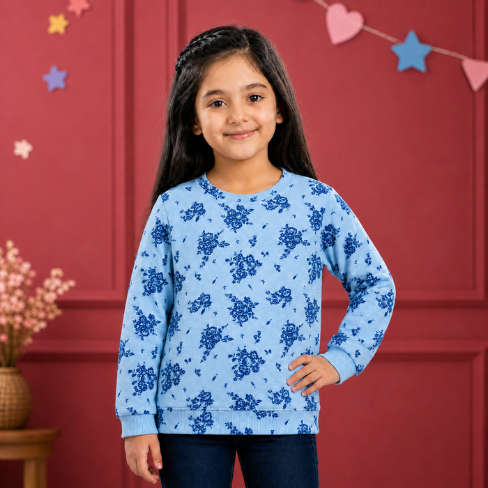 Minnie-Minors Girls Ice-Blue Color Florals Print Design Sweatshirt
