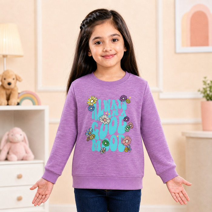 HopScotch-Kids / Girls 'Always In A Good Mood' Print Design Soft Heathered Texture Sweatshirt