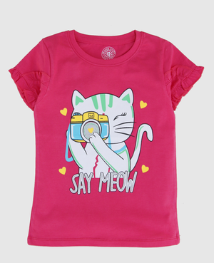 Minnie Craft Brand  (M.C) / Girls Halfsleeves Soft Stretchable Cotton Frilled Arms Meow design Pink Shirt