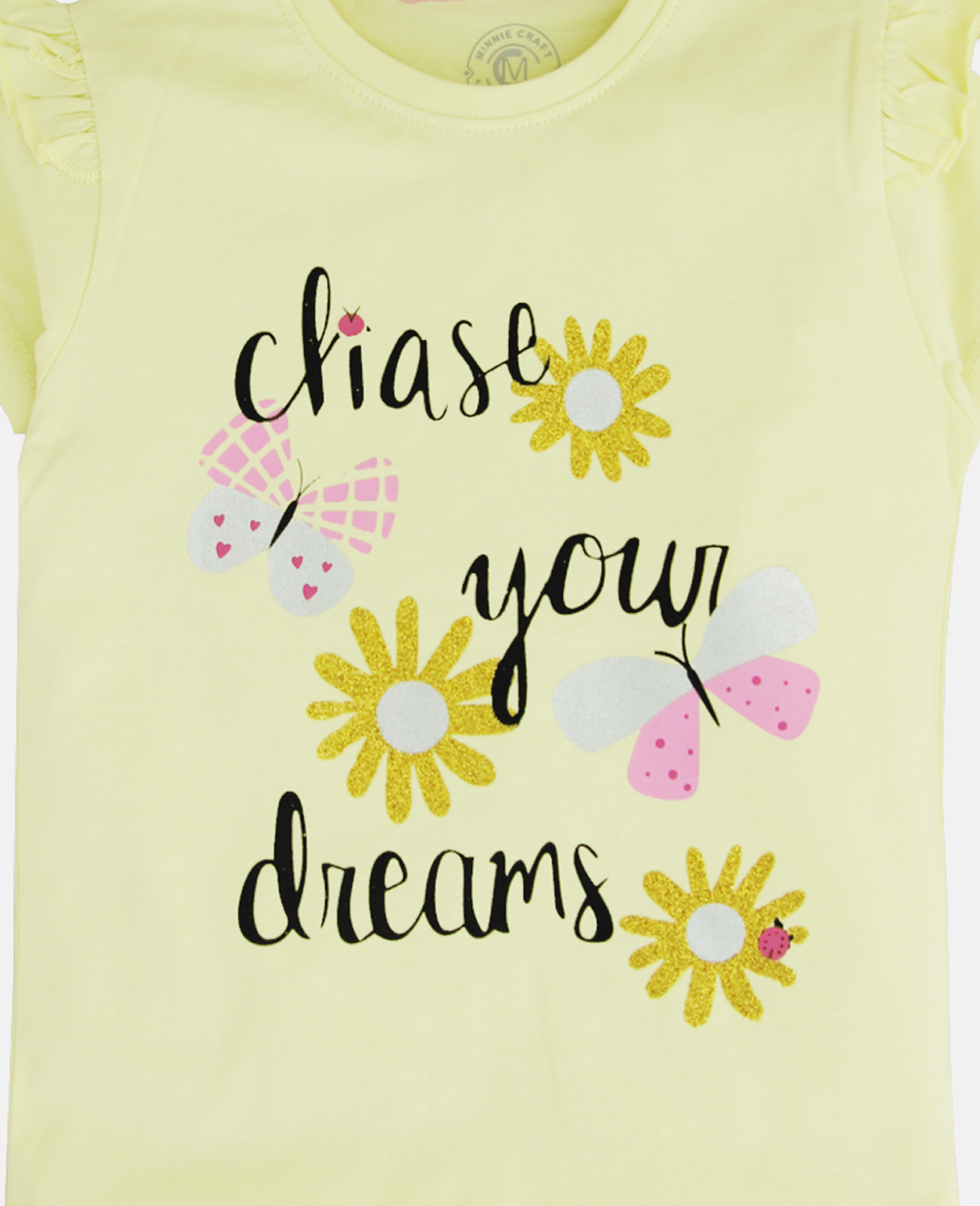 Minnie Craft Brand /Girls soft Stretchable Cotton Frilled Glitter Printing  / Chase your dreams design Yellow color T-Shirt