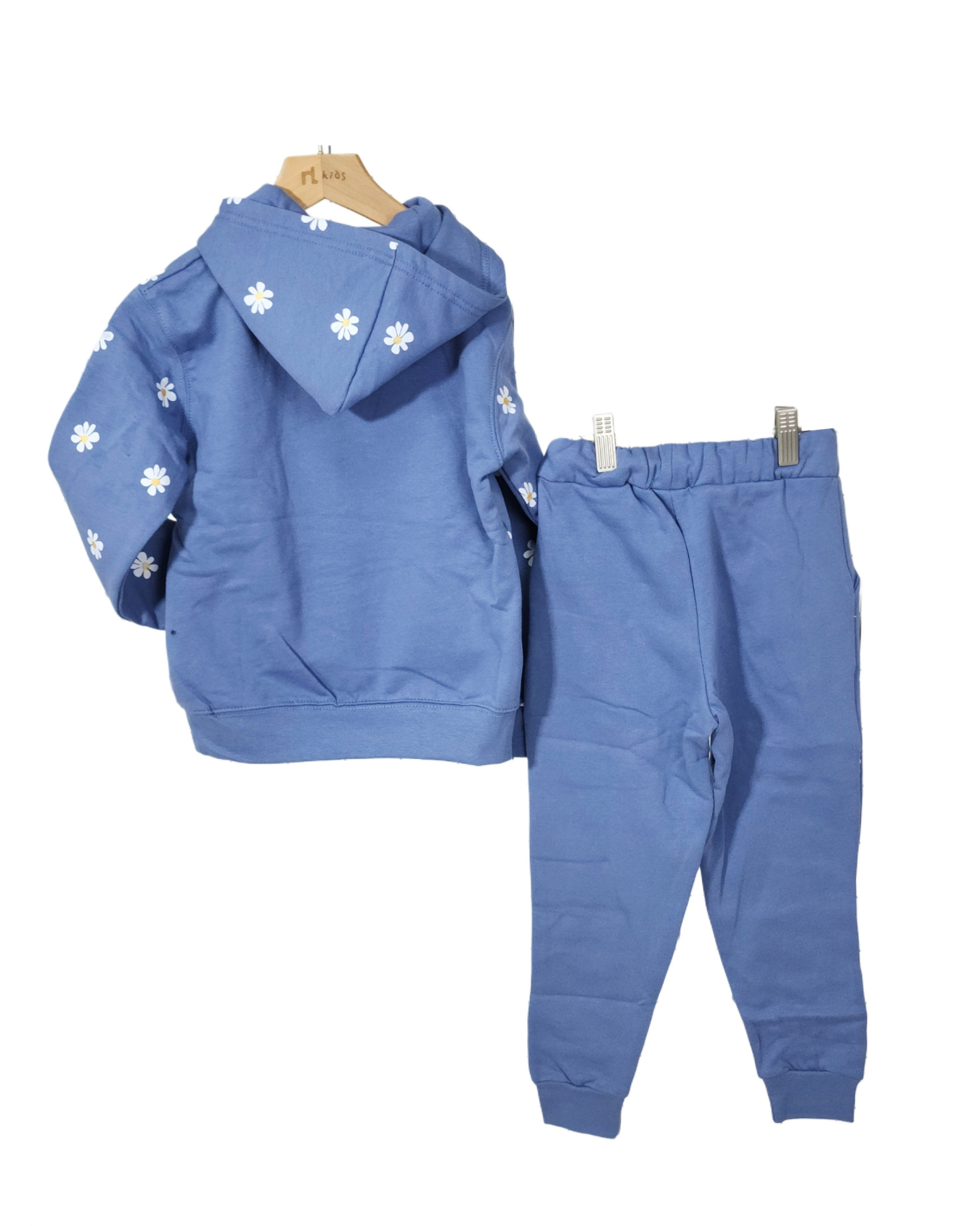 Minnie Minors / Girls Cotton Fleece Knit Blue Hoodie-Pajama Front Printed 2pc Set / Flower Design