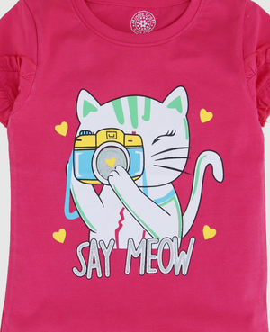 Minnie Craft Brand  (M.C) / Girls Halfsleeves Soft Stretchable Cotton Frilled Arms Meow design Pink Shirt