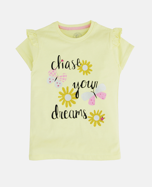 Minnie Craft Brand /Girls soft Stretchable Cotton Frilled Glitter Printing  / Chase your dreams design Yellow color T-Shirt