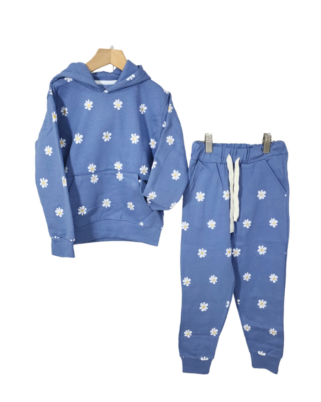 Minnie Minors / Girls Cotton Fleece Knit Blue Hoodie-Pajama Front Printed 2pc Set / Flower Design