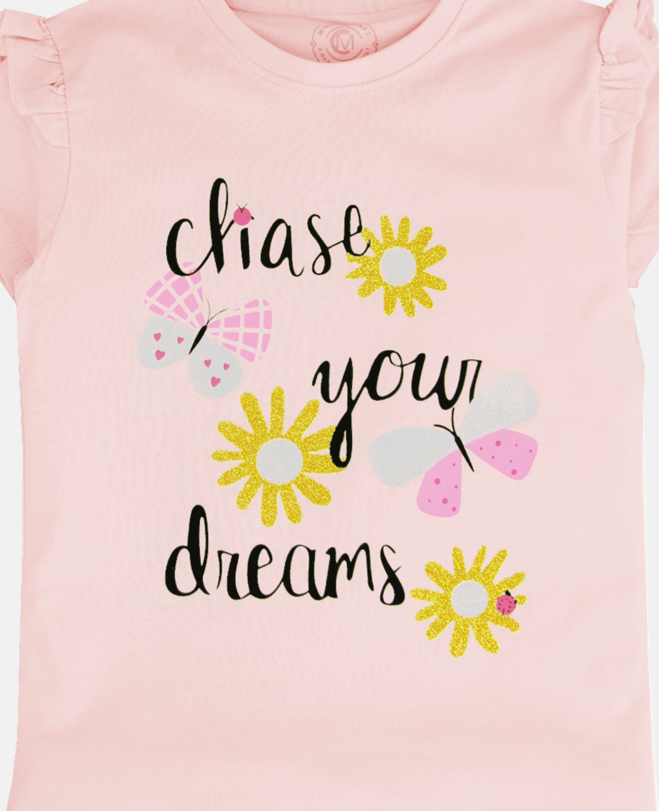 Minnie Craft Brand /Girls soft Stretchable Cotton Frilled Glitter Printing  / Chase your dreams design Light pink color T-Shirt