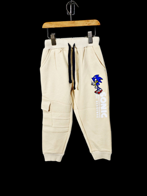 Mars Kids / Boys Sonic Design Winter Cotton Fleece Knit Cargo Pocket Creamy White printed Trouser