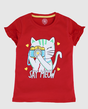 Minnie Craft Brand  (M.C) / Girls Halfsleeves Soft Stretchable Cotton Frilled Arms Meow design Red Shirt