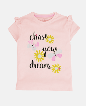 Minnie Craft Brand /Girls soft Stretchable Cotton Frilled Glitter Printing  / Chase your dreams design Light pink color T-Shirt