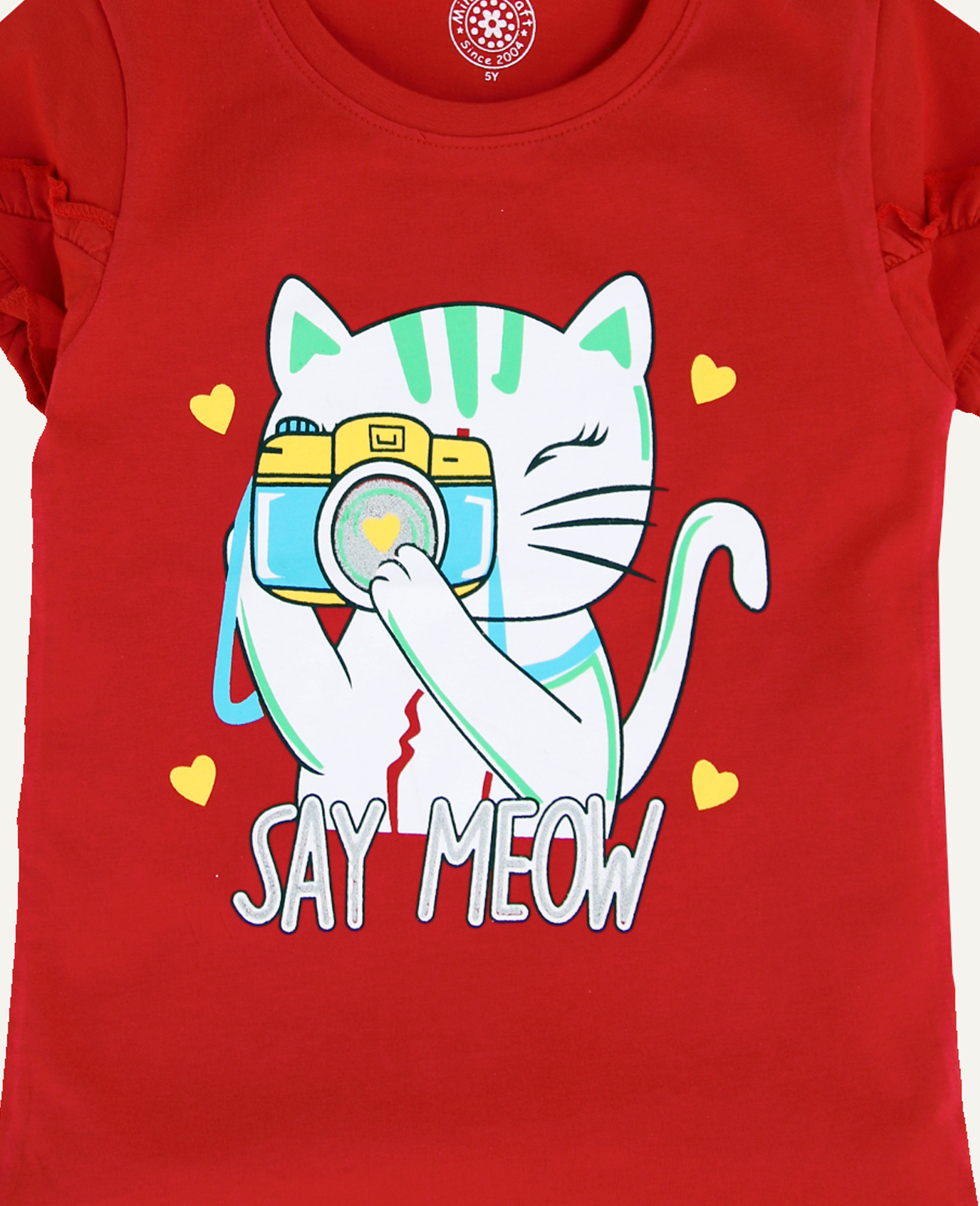 Minnie Craft Brand  (M.C) / Girls Halfsleeves Soft Stretchable Cotton Frilled Arms Meow design Red Shirt