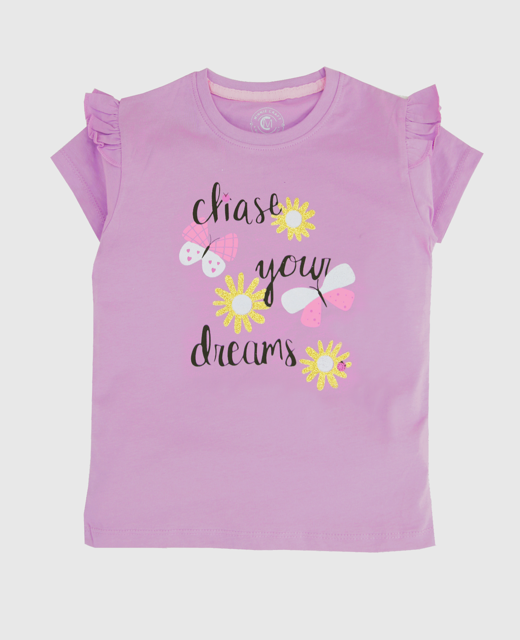 Minnie Craft Brand /Girls soft Stretchable Cotton Frilled Glitter Printing  / Chase your dreams design Lillac color T-Shirt