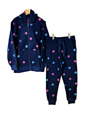 Minnie Minors / Girls Cotton Fleece Knit Navy Hoodie-Pajama Front Printed 2pc Set / Multi-Color Flower Design