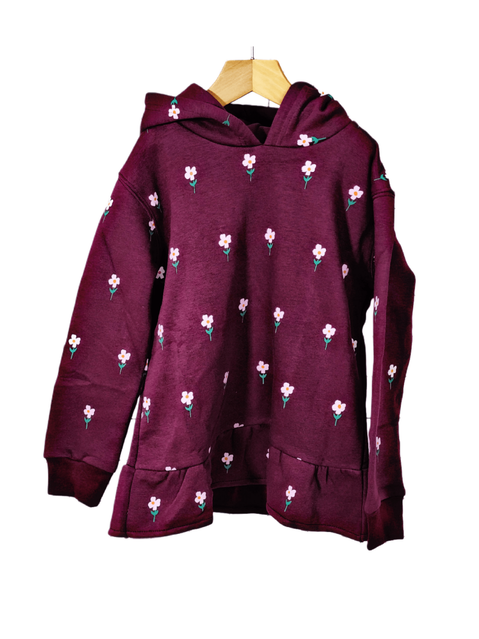 Minnie Minors / Girls Cotton Fleece Knit Maroon Bottom Frill Hoodie Front Printed / Multi-Color Flower Design