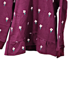 Minnie Minors / Girls Cotton Fleece Knit Maroon Bottom Frill Hoodie Front Printed / Multi-Color Flower Design