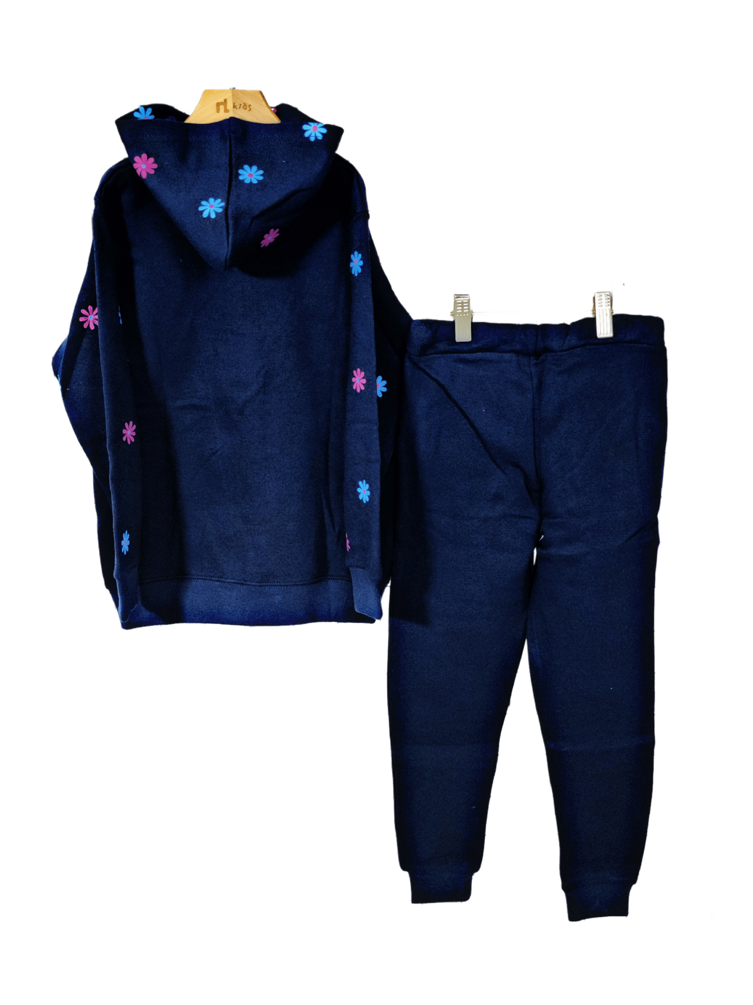 Minnie Minors / Girls Cotton Fleece Knit Navy Hoodie-Pajama Front Printed 2pc Set / Multi-Color Flower Design