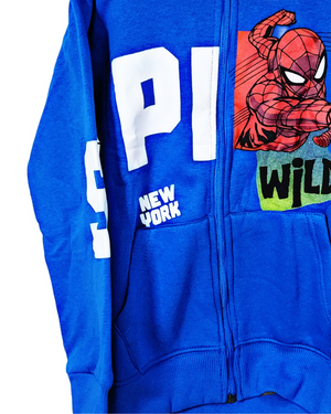 Minnie Minors / Boys Cotton Fleece Knit Blue Zipper Hoodie-Pajama Printed 2pc Set / Spider Man Wild Design