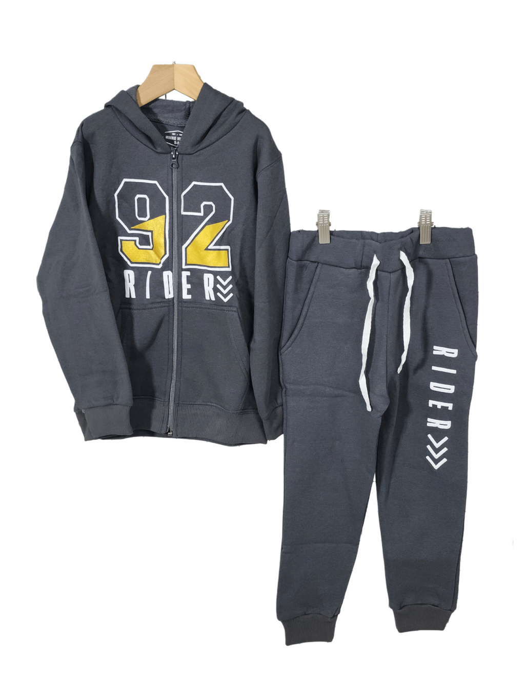 Minnie Minors / Boys Cotton Fleece Knit Dark Grey Printed Zipper Hoodie-Pajama Printed 2pc Set / 92 Riders Design