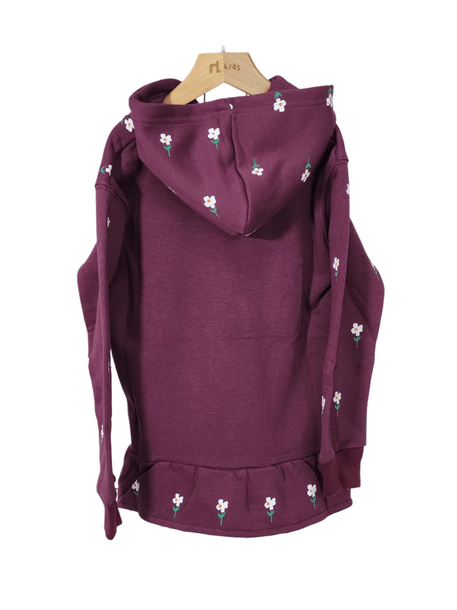 Minnie Minors / Girls Cotton Fleece Knit Maroon Bottom Frill Hoodie Front Printed / Multi-Color Flower Design