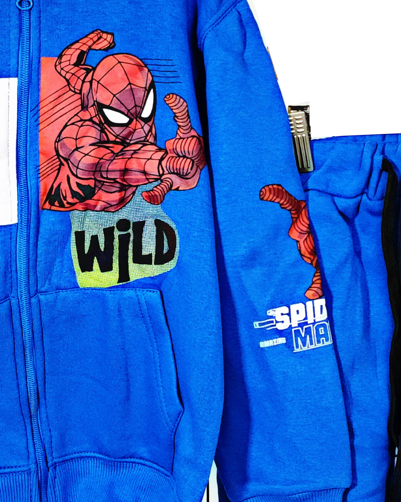 Minnie Minors / Boys Cotton Fleece Knit Blue Zipper Hoodie-Pajama Printed 2pc Set / Spider Man Wild Design