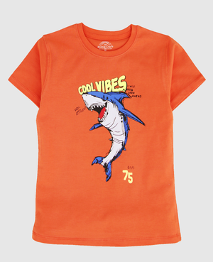 Minnie Craft / Summer boys soft stretchable cotton Fabric / Shark Design Orange Color Tshirt