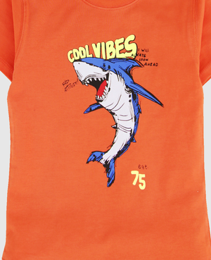 Minnie Craft / Summer boys soft stretchable cotton Fabric / Shark Design Orange Color Tshirt