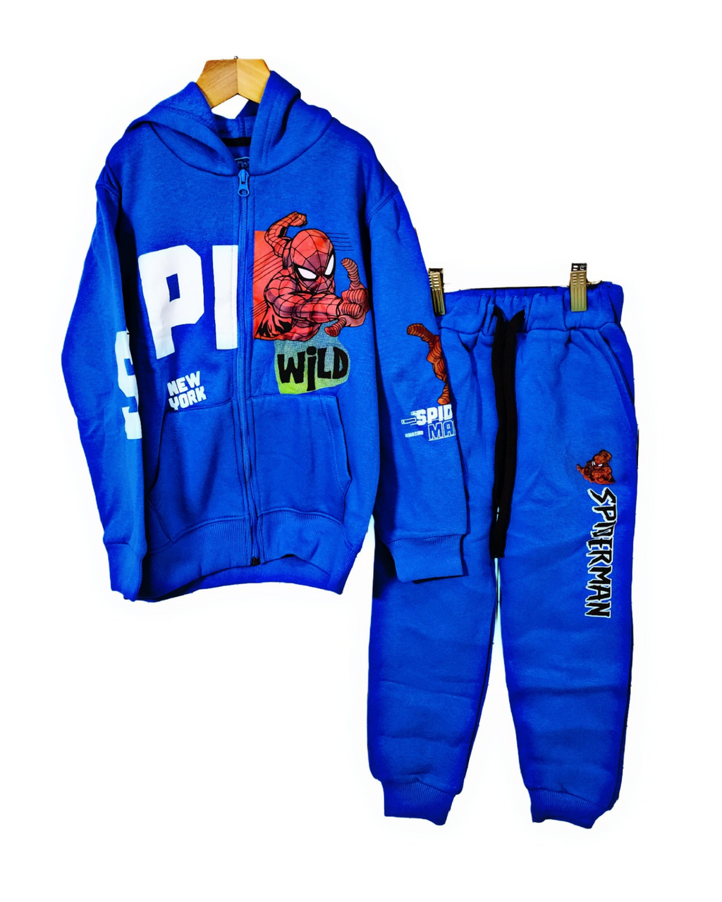 Minnie Minors / Boys Cotton Fleece Knit Blue Zipper Hoodie-Pajama Printed 2pc Set / Spider Man Wild Design