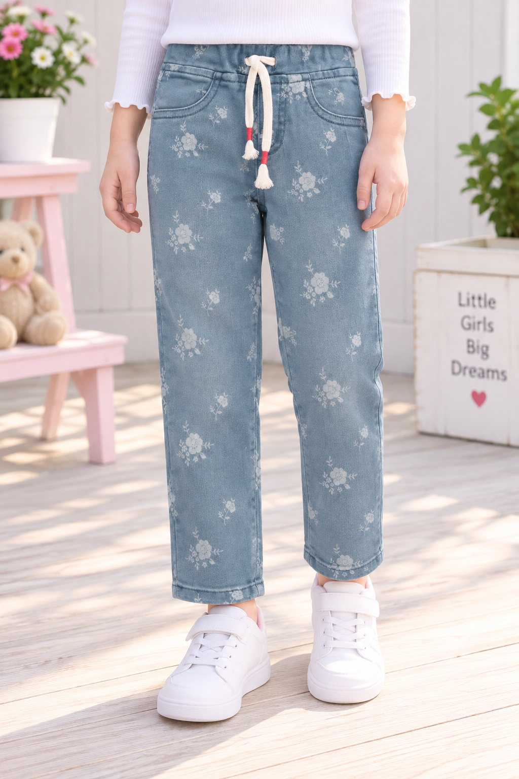 Minnie Craft / Girls Soft Stretchable Faded Pants / All Over Floral Print Design