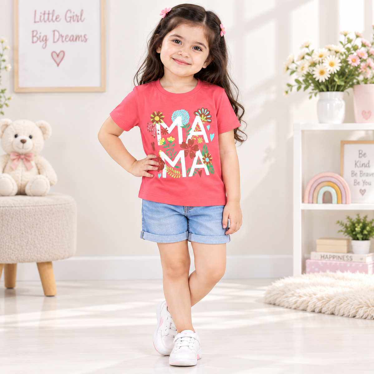 Minnie Craft / Soft Cotton 'MAMA' Print Design Light Pink T-Shirt
