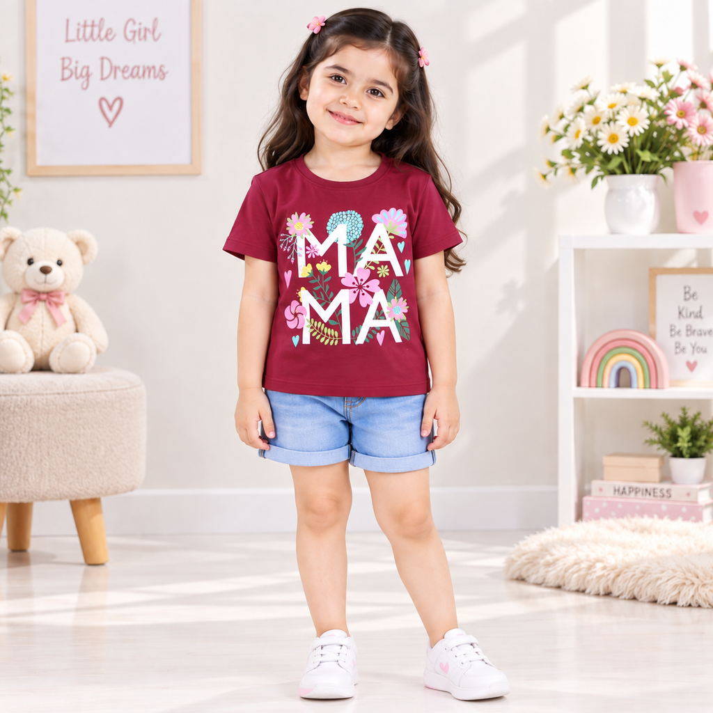 Minnie Craft / Soft Cotton 'MAMA' Print Design Maroon T-Shirt