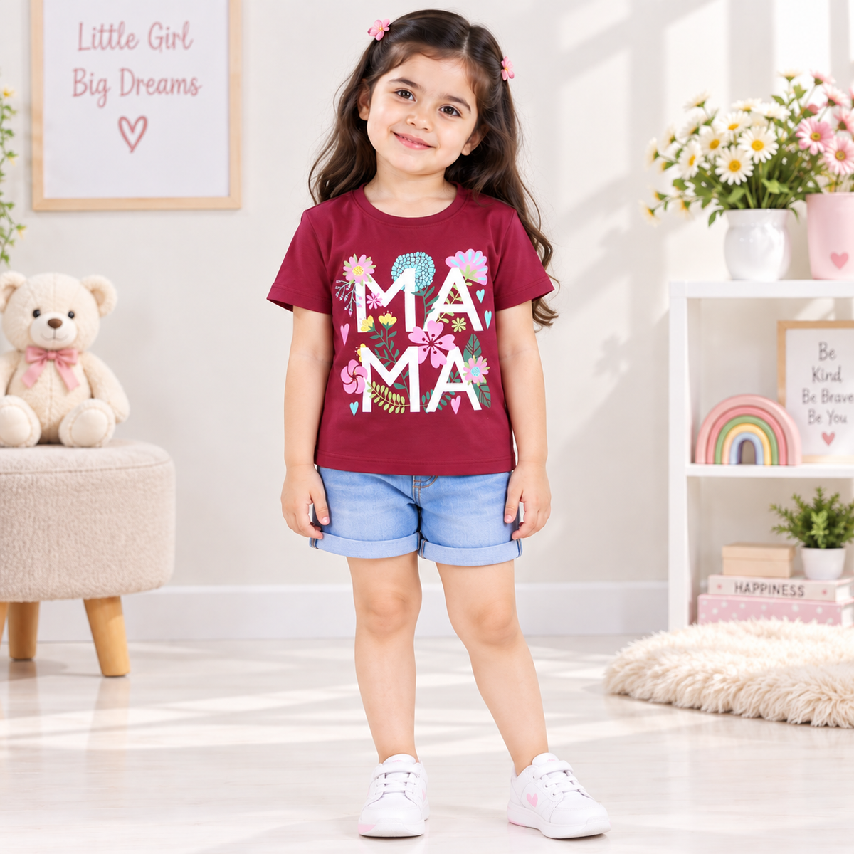 Minnie Craft / Soft Cotton 'MAMA' Print Design Maroon T-Shirt