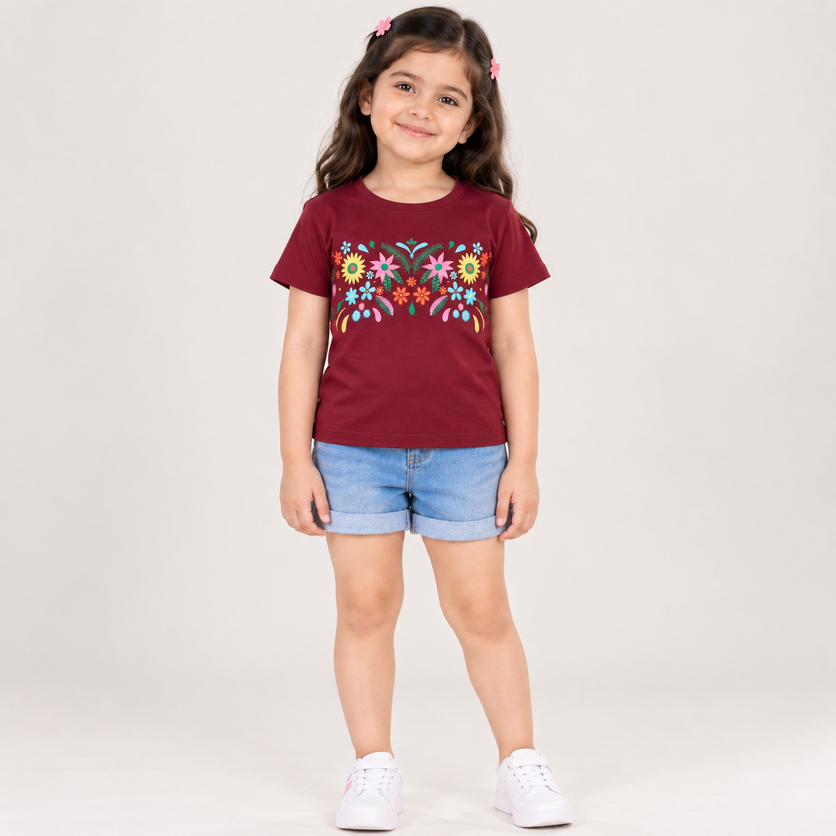 Minnie Craft / Soft Cotton Floral Printed Maroon T-Shirt