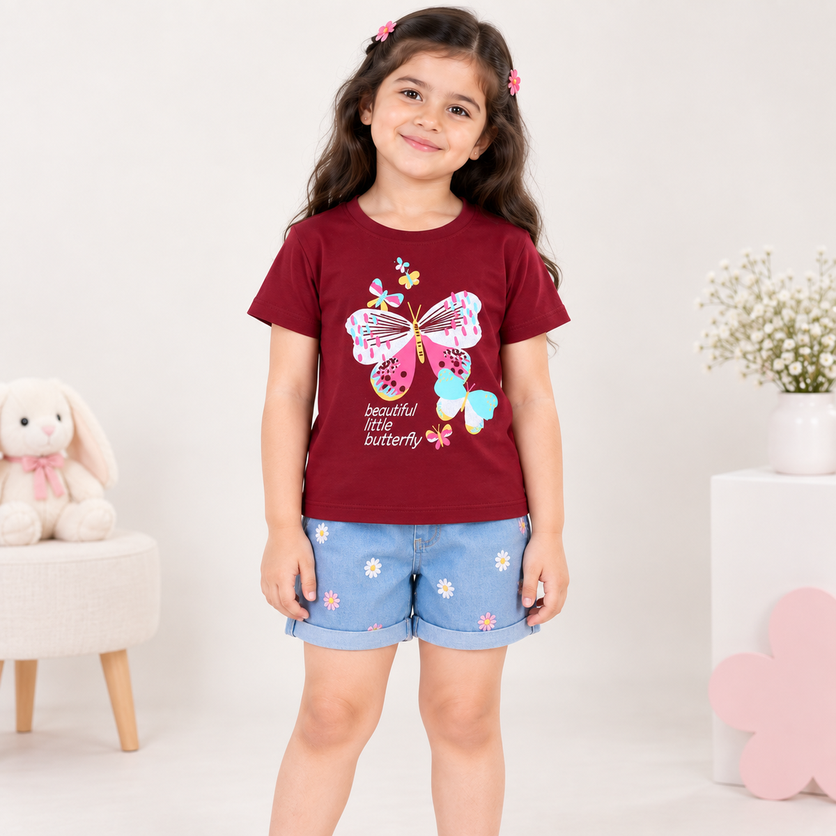 Minnie Craft / Soft Cotton Butterflies Printed Maroon T-Shirt
