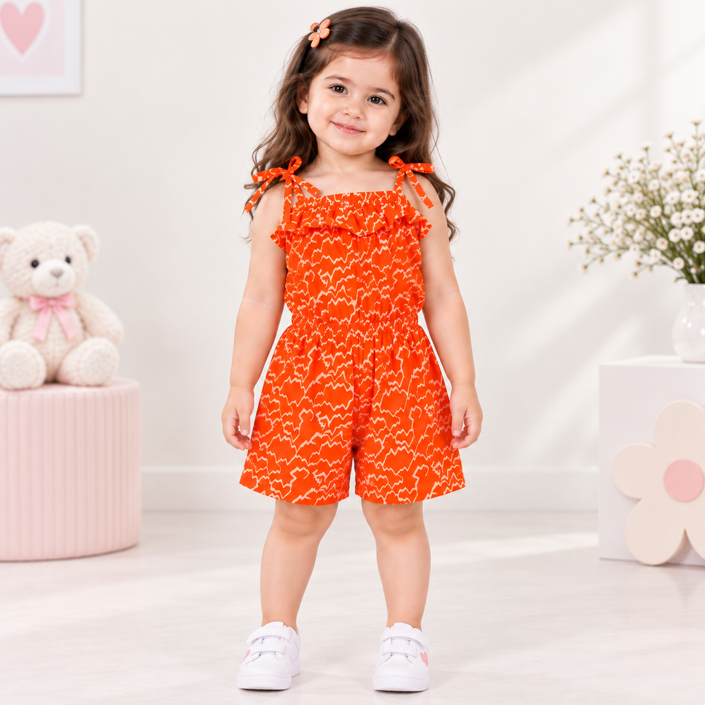 Minnie Craft / Girls Smooth Cotton All Over Printed Design Orange Jumpsuit