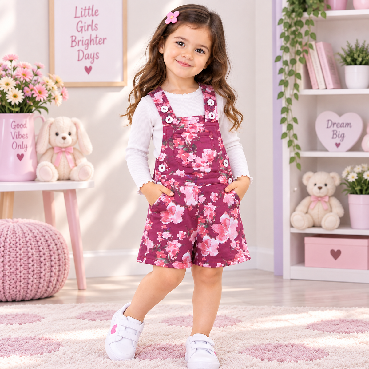 Minnie Craft / Girls Floral Design Front Pockets Pink & Light Rose Color Romper