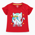 Minnie Craft / Soft Cotton Cat 'Say Meow' Printed Red T-Shirt Frilled Armholes