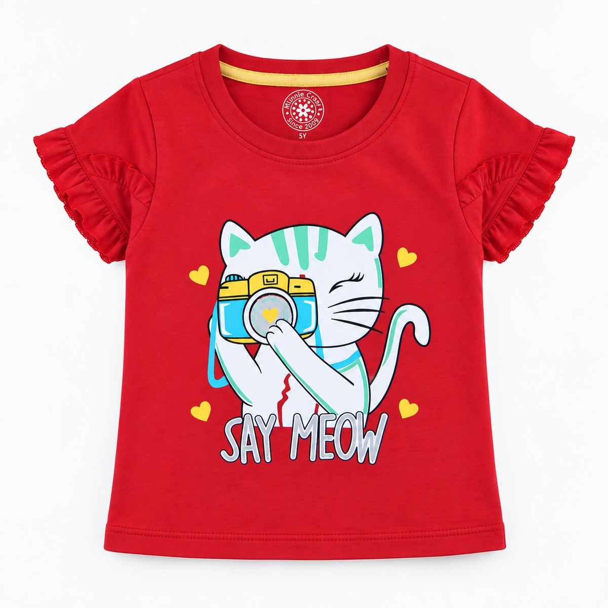 Minnie Craft / Soft Cotton Cat 'Say Meow' Printed Red T-Shirt Frilled Armholes