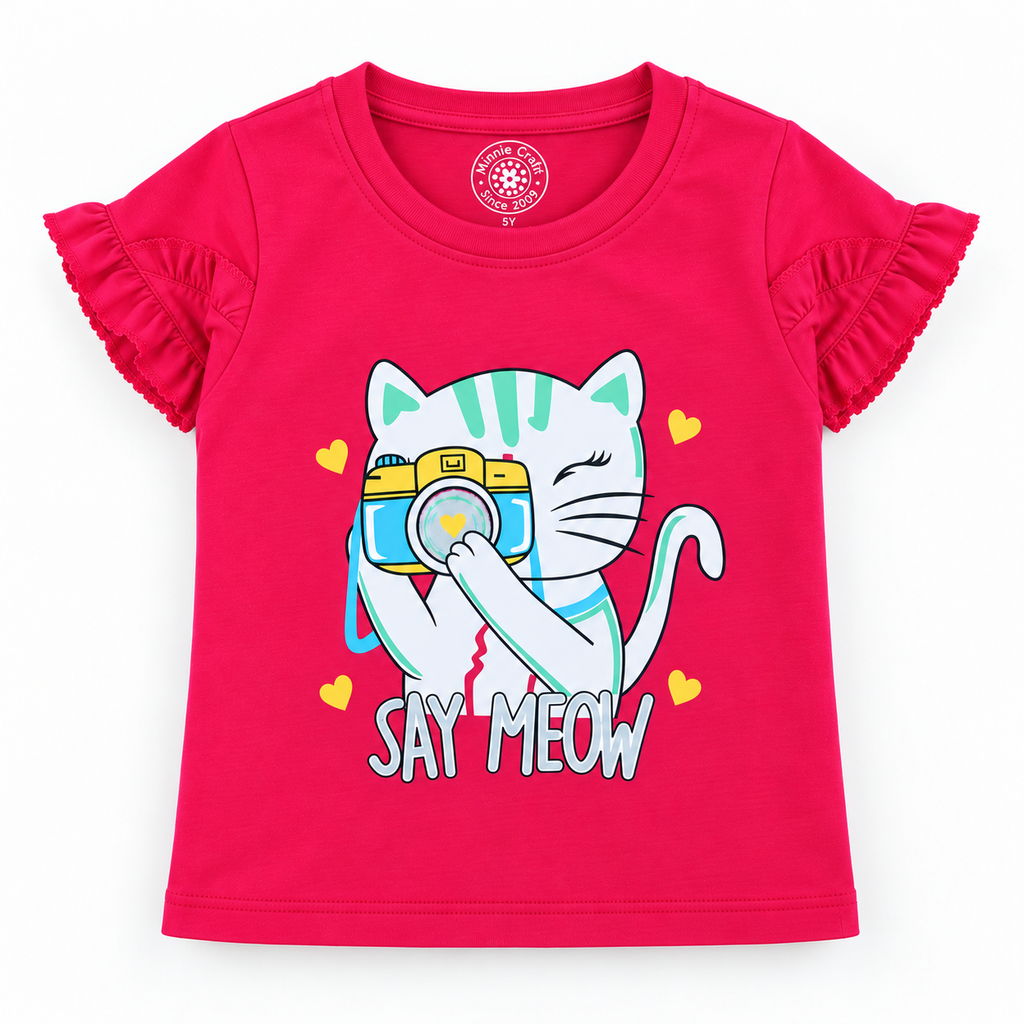 Minnie Craft / Soft Cotton Cat 'Say Meow' Printed Pink T-Shirt Frilled Armholes