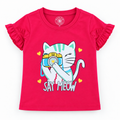 Minnie Craft / Soft Cotton Cat 'Say Meow' Printed Pink T-Shirt Frilled Armholes