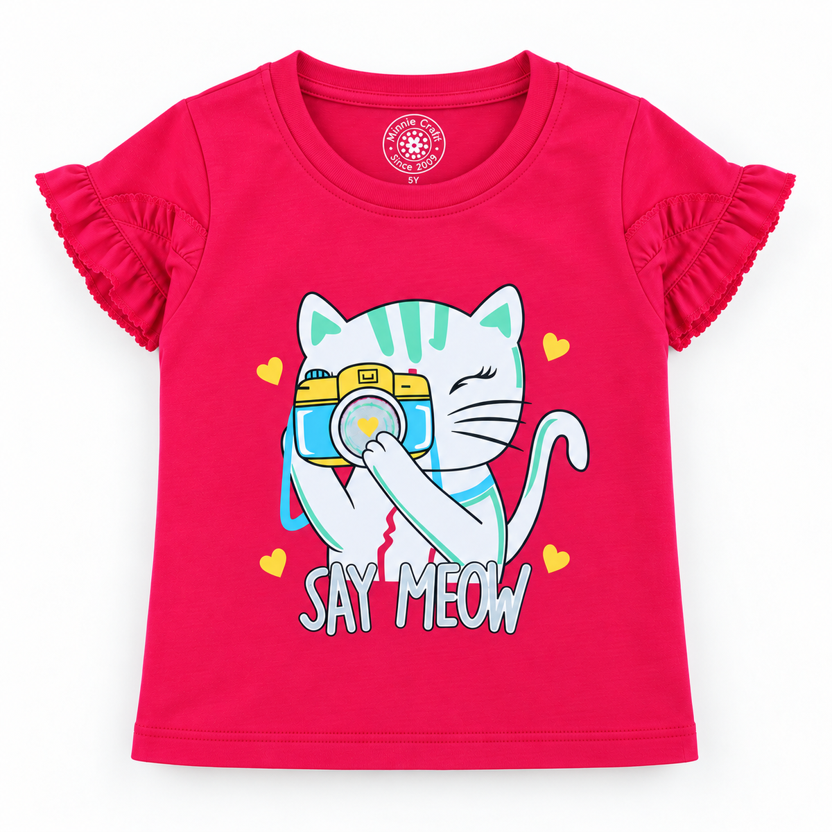 Minnie Craft / Soft Cotton Cat 'Say Meow' Printed Pink T-Shirt Frilled Armholes
