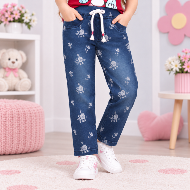 Minnie Craft / Girls Soft Stretchable Dark Blue Faded Pants / All Over Floral Print Design