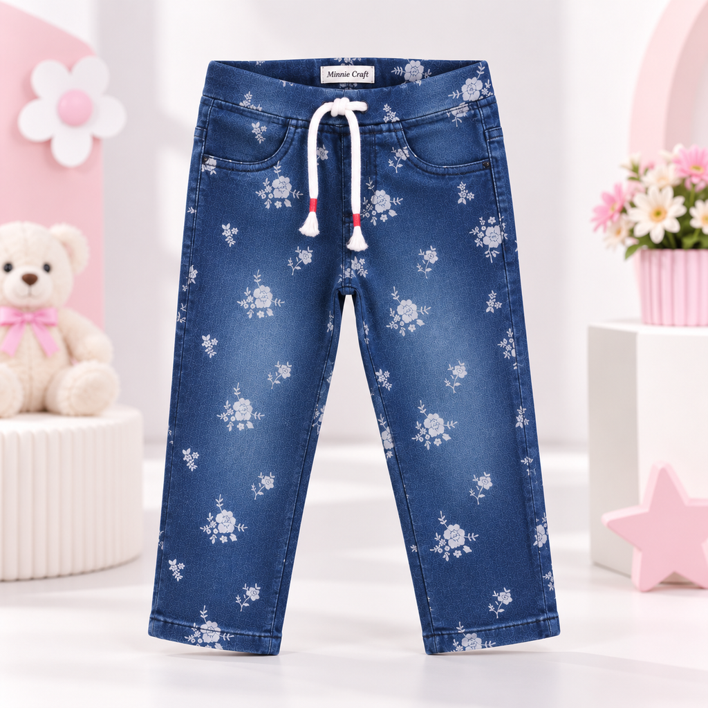 Minnie Craft / Girls Soft Stretchable Dark Blue Faded Pants / All Over Floral Print Design