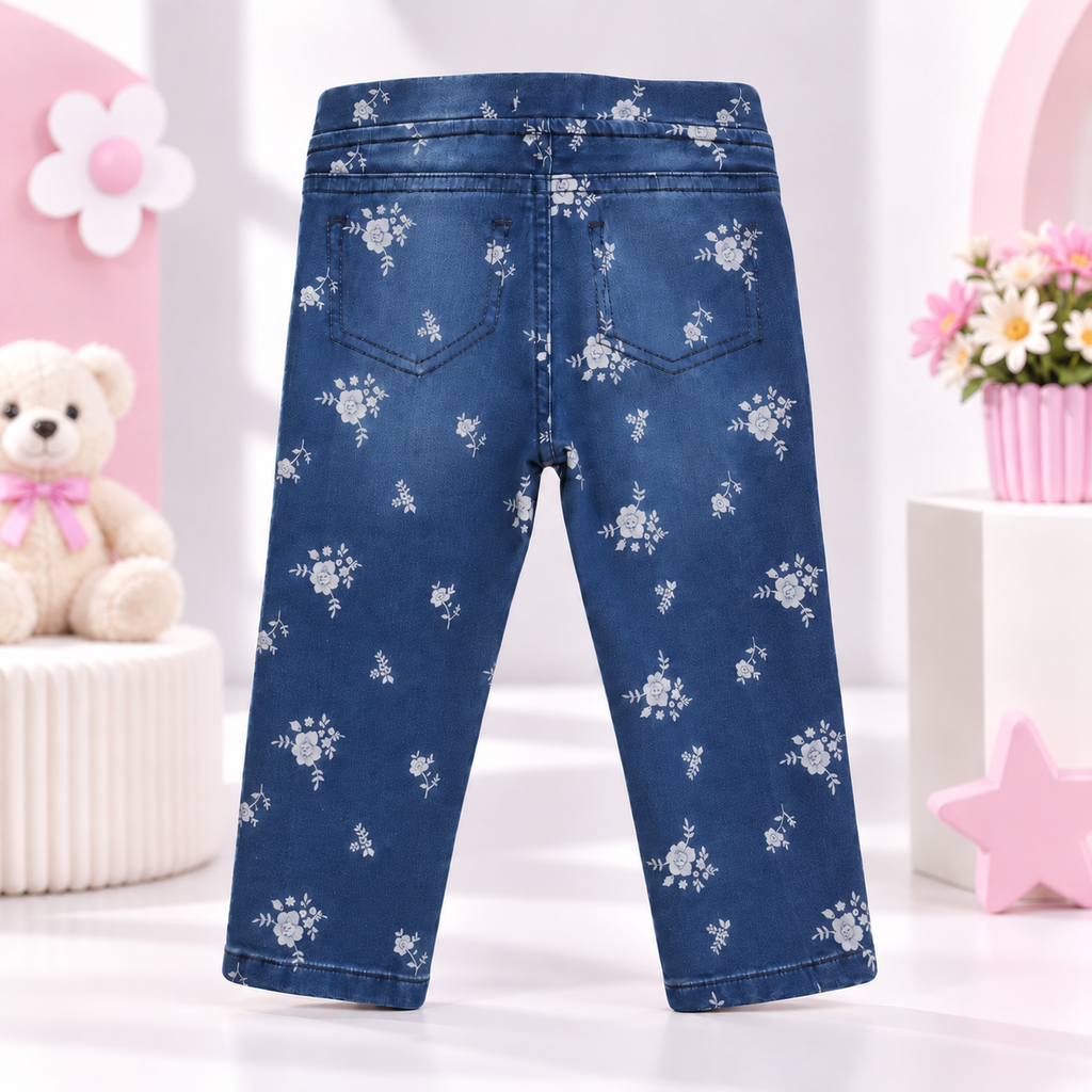 Minnie Craft / Girls Soft Stretchable Dark Blue Faded Pants / All Over Floral Print Design