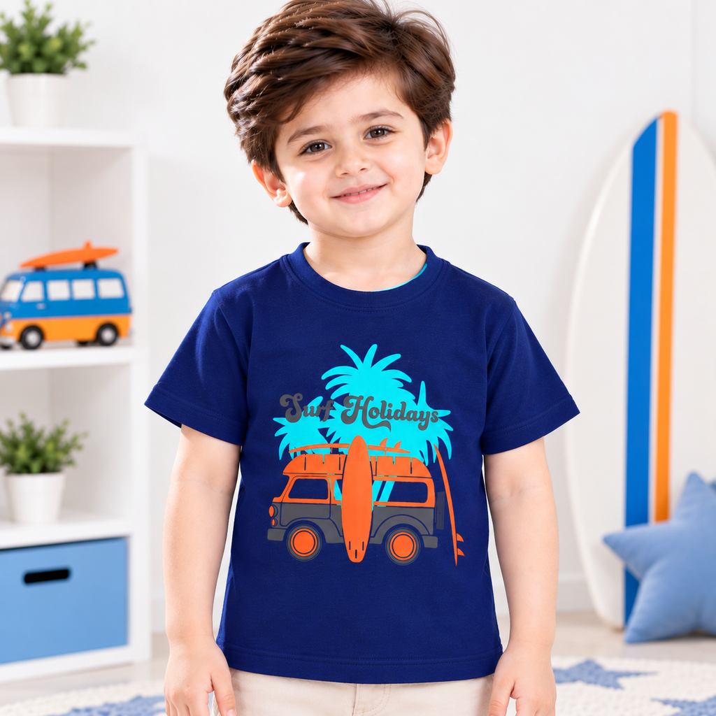 Minnie Craft / Boys Soft Organic Cotton 'Surf Holidays' Printed Navy T-Shirt