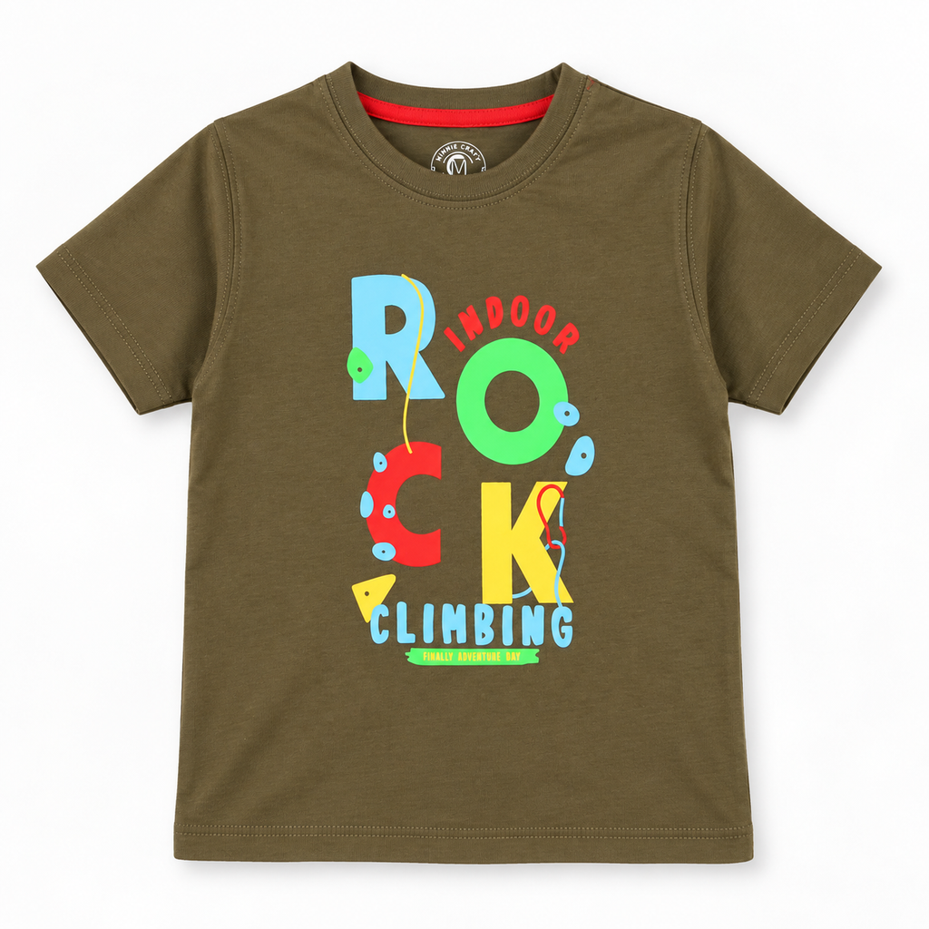 Minnie Craft / Boys 'Rock Climbing' Soft Organic Cotton Printed Olive T-Shirt