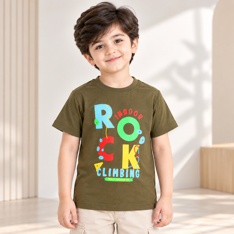 Minnie Craft / Boys 'Rock Climbing' Soft Organic Cotton Printed Olive T-Shirt