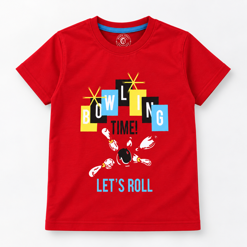 Minnie Craft / Boys 'Bowling Time' Printed Soft Organic Cotton Red T-Shirt
