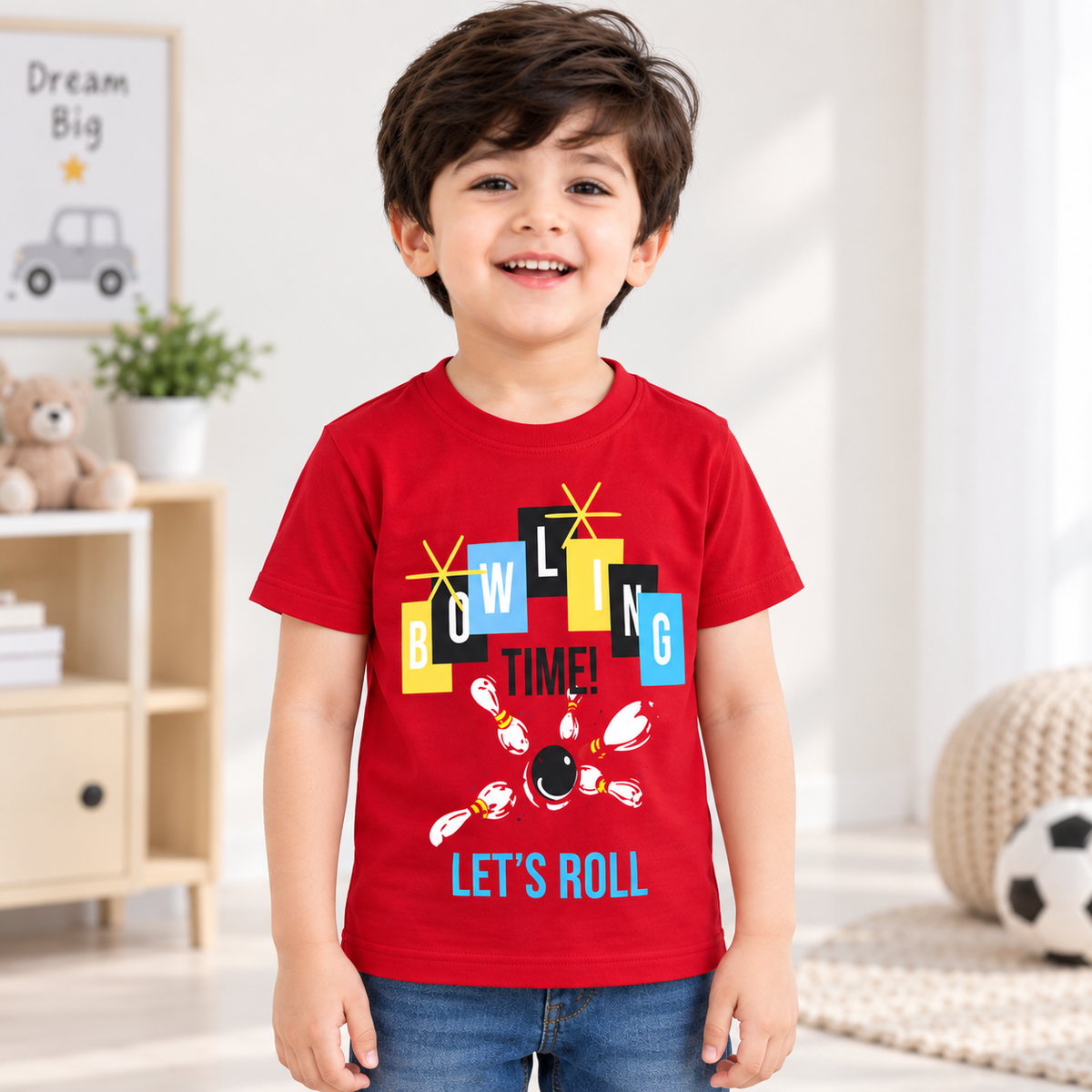 Minnie Craft / Boys 'Bowling Time' Printed Soft Organic Cotton Red T-Shirt