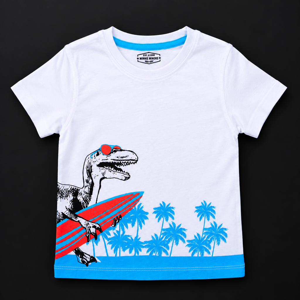 Minnie Minors / Boys Dino Surfer Printed Soft Organic Cotton Multicolor T-Shirt