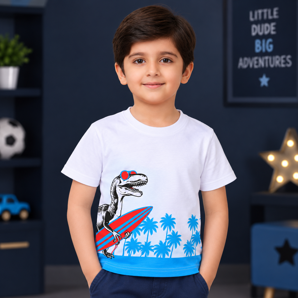Minnie Minors / Boys Dino Surfer Printed Soft Organic Cotton Multicolor T-Shirt