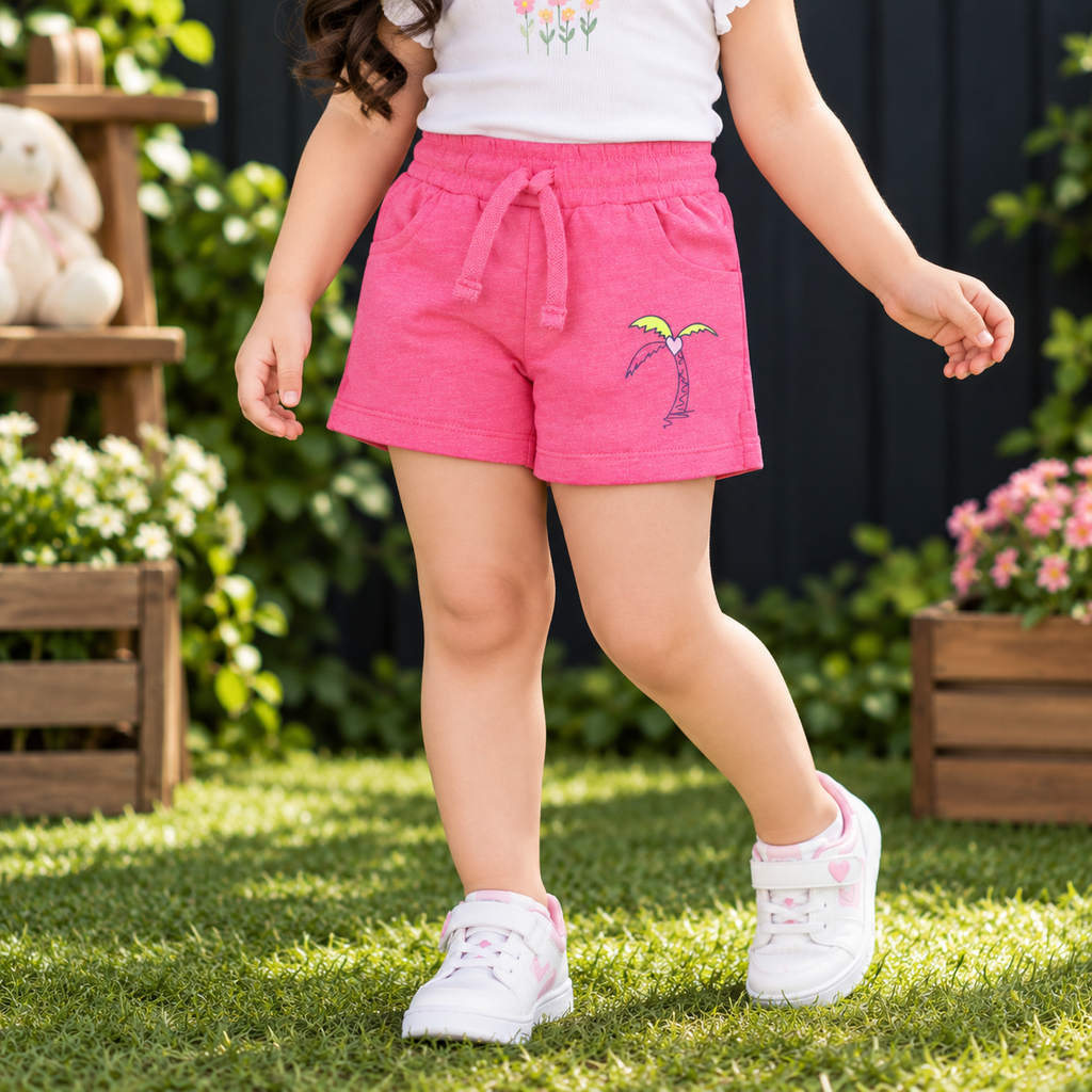 Minnie Minors / Front Palm Tree Printed Soft Organic Cotton Pink Shorts / Side Pockets