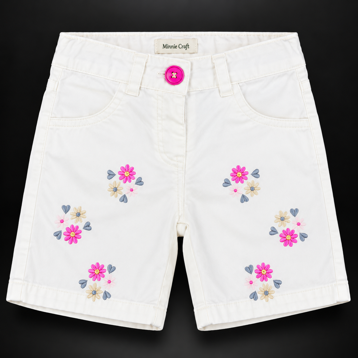 Minnie Craft / Floral Embroidered Pure cotton White shorts / Front & Back Pockets